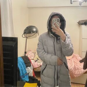 LONG Light Gray Hooded Puffer Jacket